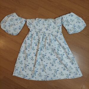 Women’s Off Shoulder Puff Sleeve Floral Dress Cottagecore Summer Boho White Blue